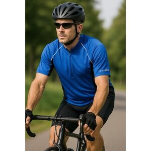 Canari Cycling Jersey Men's Medium Blue Black Short Sleeve 3 Pocket‎ Polyester